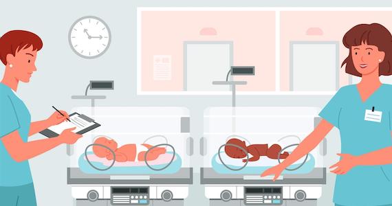 illustration of two nurses with two new babies